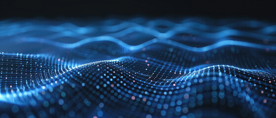 Wall Mural - Cyber space abstract background, wavy surface of data in dark blue digital cyberspace, pattern of tech lights. Concept of network, technology, landscape, texture, plexus