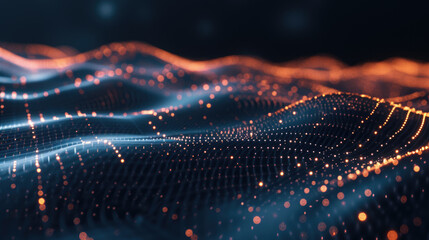 Cyber data in digital space, network surface abstract background. Dots, lights and lines of secure technology in dark neon cyberspace. Concept of pattern, wave, future, tech plexus