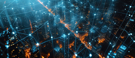 Wall Mural - Network lines in smart city, aerial view of skyscrapers and communication web, abstract energy lights of modern buildings. Concept of connect, iot, future, technology, background.