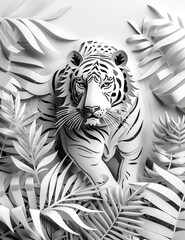 An AI generative image 3D pop-up tiger in jungle scene isolated on white background.
