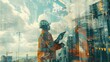 © buraratn - Double exposure image of construction worker with tablet computer and wearing construction uniform against the background of surreal construction site in the city.