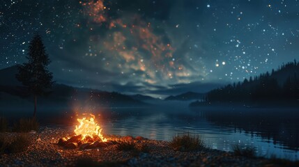 night camping on shore. campfire under evening sky full of stars and milky way on blue water and for