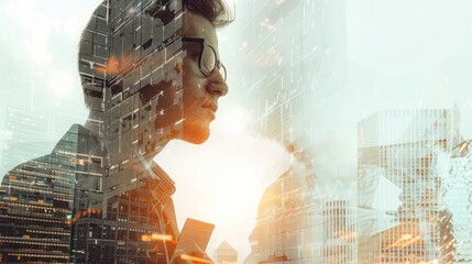 Poster - Young european businessman with document in hand drawing abstract business chart on city background with copy space. Finance concept. Double exposure