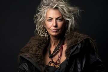 Portrait of a beautiful mature woman in a fur coat on a dark background