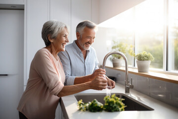 Wall Mural - Caucasian married senior mature couple washing dishes in the kitchen