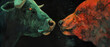Green Bull versus Red Bear. Stock market illustration, opposition concept in Trade exchange. Global economy boom or crash, bullish run versus bearish market.