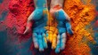 cropped view of hands with holi powder for Hindu spring festival of colors. Created with Generative AI