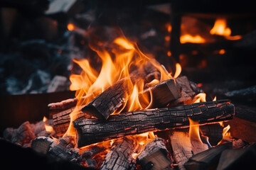 Poster - A mesmerizing close-up view of vibrant flames flickering and dancing in a fire pit, casting a warm glow in the dark