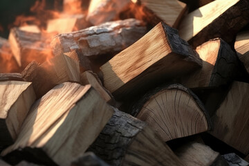 Aufkleber - A stack of wood sits beside a crackling fire, the flames dancing and casting a warm glow on the surroundings