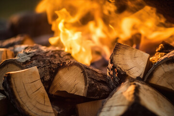 Poster - A close-up view of a stack of wood with flames flickering in the background, creating a warm and mesmerizing scene