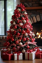 Wall Mural - A beautifully decorated Christmas tree stands tall, adorned with sparkling ornaments and twinkling lights. Beneath it, colorful presents are neatly wrapped and waiting to be opened