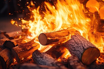 Poster - A gathering of logs arranged neatly next to a crackling fire, emitting warmth and light in the darkness