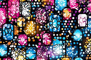 Aufkleber - An intricate, vibrant multicolored pattern adorned with a myriad of varied shapes, creating a harmonious visual tapestry of artistry and complexity