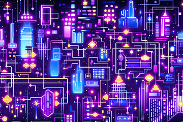 Leinwandbilder - An enchanting cityscape in vibrant purples and blues, illuminated by glowing neon lights that dance across the skyline