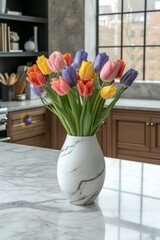 Poster - A beautiful white vase overflows with a vibrant array of colorful flowers, sitting gracefully atop a table