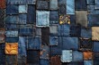 A close up view of a patchwork denim wall showcasing a colorful array of different shades and textures sewn together in an artistic design