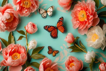 Sticker - A group of colorful butterflies gracefully perching on delicate pink flowers in a harmonious and vibrant display of natures beauty