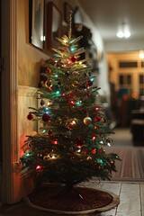 Poster - A small festive Christmas tree adorned with twinkling lights and ornaments sits gracefully on a rustic wooden floor. The scene exudes holiday cheer and warmth