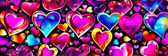 Poster - A vibrant collection of multicolored hearts scattered across a deep black background, creating a mesmerizing and expressive display of warmth and emotion