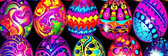 Poster - A diverse group of brightly colored eggs, ranging from pink and yellow to blue and green, are lined up in a colorful display