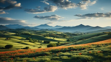 Wall Mural - A lush green field stretches out, framed by towering mountains in the distant background, creating a tranquil and majestic natural landscape