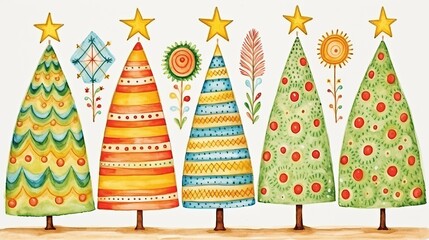 Poster - A vibrant painting capturing a joyful row of Christmas trees adorned with colorful ornaments and twinkling lights, creating a festive atmosphere