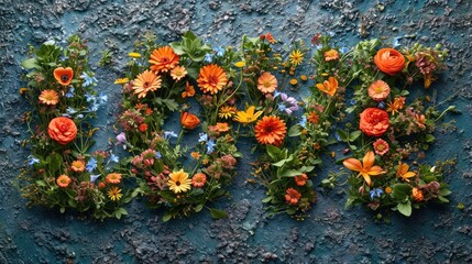 Poster - LOVE word from  vibrant collection of flowers adorning a wall, creating a colorful and enchanting display