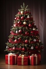 Poster - A majestic Christmas tree adorned with twinkling lights, ornaments, and a shining star at the top. Colorful presents wrapped in festive paper are neatly stacked underneath