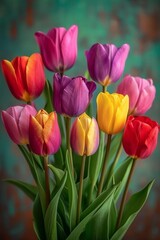 Poster - A vibrant arrangement of colorful tulips bursting with life in a stylish glass vase, showcasing natures beauty and elegance