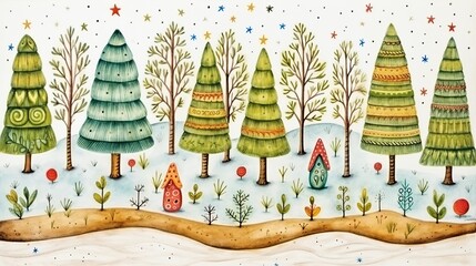 Wall Mural - A serene painting depicting tall trees covered in snow, creating a breathtaking winter wonderland scene