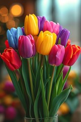 Poster - A vibrant bouquet of various colorful flowers blooms in a beautiful vase, placed elegantly on top of a wooden table