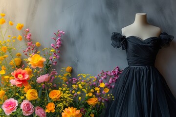 Wall Mural - A graceful dress drapes elegantly on a mannequin as it stands beside a vivacious bouquet of fresh flowers, creating a charming and enchanting display