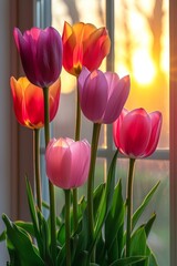 Poster - A beautifully arranged vase of pink and yellow tulips basks in the sunlight streaming through a nearby window, casting a warm glow on the delicate petals