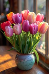 Poster - A vibrant vase overflows with a variety of colorful tulips, creating a lively display on a table