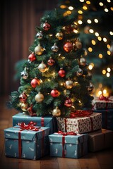 Poster - A small Christmas tree adorned with colorful ornaments and twinkling lights, surrounded by beautifully wrapped presents in various sizes