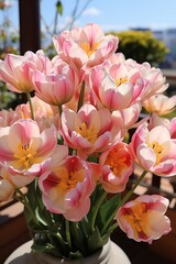 Poster - A charming vase overflows with a delightful mix of vibrant pink and soft yellow flowers, creating a stunning visual display of natures beauty and elegance