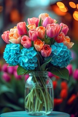 Poster - A vibrant arrangement of flowers fills a delicate vase resting on a wooden table, adding a burst of color and life to the room