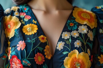 Wall Mural - A detailed close up of a woman donning a dress embellished with vibrant floral patterns, exuding a sense of beauty and grace