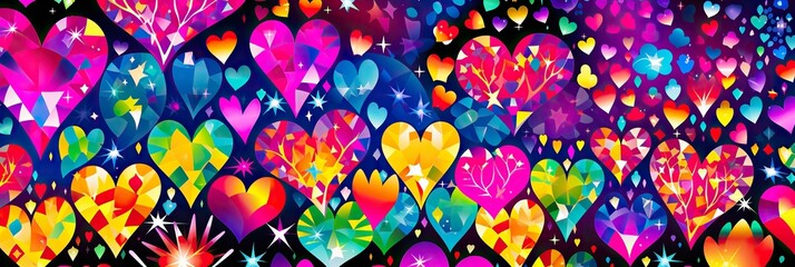 Poster - A vibrant and lively background filled with an array of colorful hearts and stars, creating a magical and enchanting atmosphere