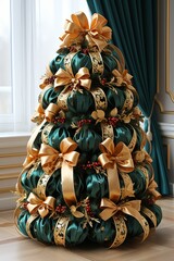 Poster - A fantastical Christmas tree crafted entirely from intertwining green and gold ribbons, creating a unique and eye-catching holiday centerpiece