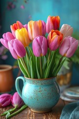 Aufkleber - A vibrant assortment of tulips fills a bright blue vase, creating a colorful display of natures beauty