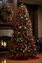 Poster - A beautifully decorated Christmas tree adorned with twinkling lights, colorful ornaments, and a shimmering star topper in a cozy living room