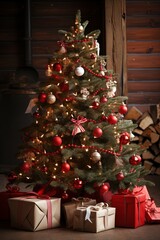 Wall Mural - A small Christmas tree adorned with twinkling lights and ornaments, surrounded by colorful presents wrapped in festive paper