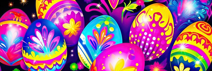 Aufkleber - A group of brightly colored easter eggs, in various shades of red, blue, yellow, and green, are arranged on a black background, creating a harmonious and visually striking composition