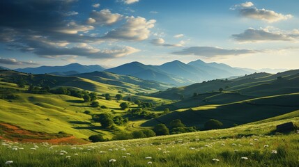 Poster - A beautiful grassy valley stretches out with majestic mountains in the distance under a clear blue sky