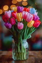 Poster - A vibrant display of colorful tulips blooming in a crystal vase, sitting elegantly on a table