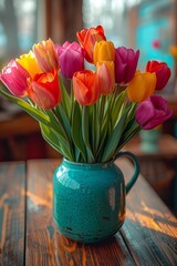 Aufkleber - A bountiful assortment of colorful flowers fills a vase sitting on a rustic wooden table, creating a vivid and lively display