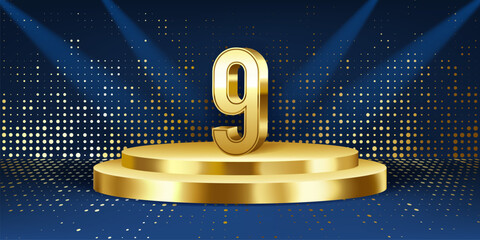 Wall Mural - 9th Year anniversary celebration background. Golden 3D numbers on a golden round podium, with lights in background.
