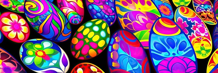 Poster - A vibrant group of brightly colored easter eggs are arranged neatly next to each other, creating a stunning display of color and contrast