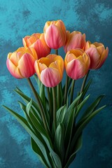 Aufkleber - A vibrant bouquet of pink and yellow tulips fills a delicate vase, exuding the essence of springtime with its colorful and fragrant beauty